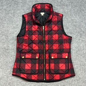 Aspen Women Quilted Buffalo Plaid Vest Red Black Full Zip Gold Button Pockets LG